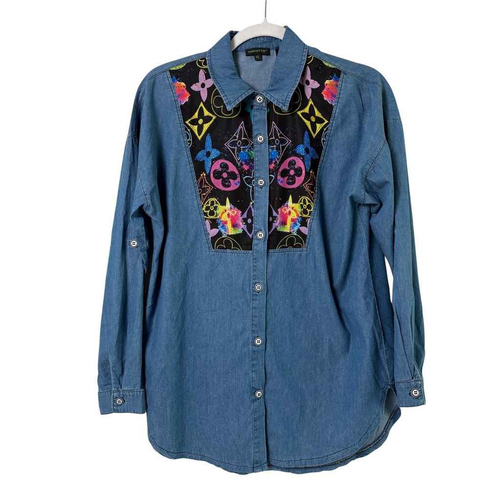 Tricotto Denim Shirt Womens XS Blue Pop Art Rhinestone Graphic Long Sleeve